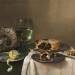 Pronk still life, with a roemer, an upturned silver tazza, a half-peeled lemon on a pewter plate, with a pie, a timepiece and a knife